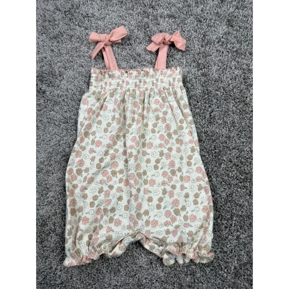 7 For All Mankind Baby Girl Floral Romper 18M Pink Tan Smocked Tie Shoulder